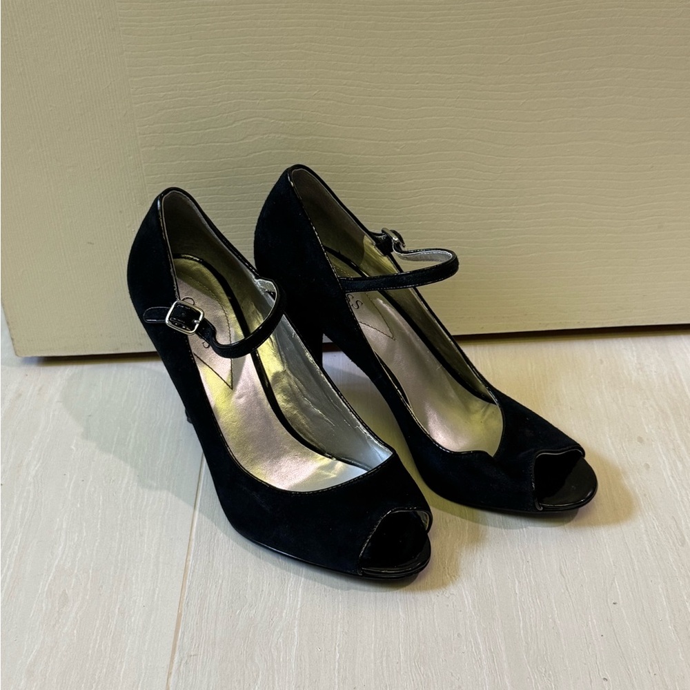Guess Stiletto Black Suede Peep-Toe Heels